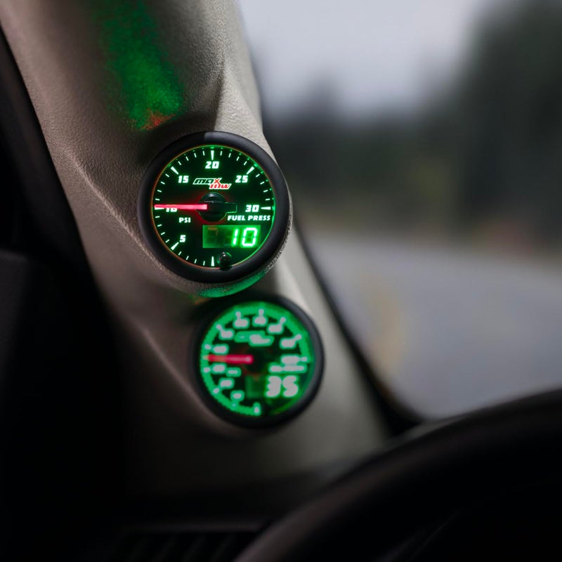 MaxTow Double Vision 30 PSI Fuel Pressure Gauge Kit - Includes Electronic Sensor - Black Gauge Face - Green LED Illuminated Dial - Analog & Digital Readouts - for Diesel Trucks - 2-1/16" 52mm - Image 2